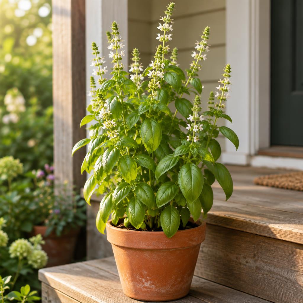 A tall basil plant gone to flower in a terracotta pot, slender white blossom spikes rising above the leaves, on a wooden porch step.