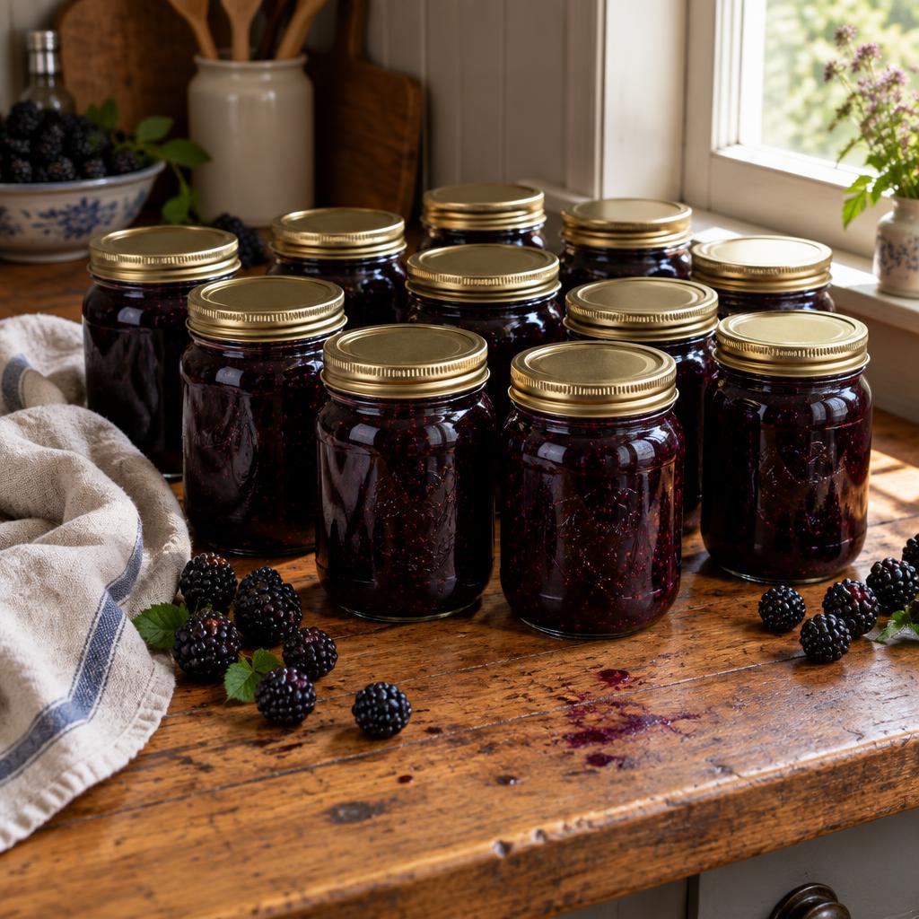 Twelve glass jars of dark blackberry preserves cooling on a worn wooden kitchen counter with brass lids, a bunched linen towel and scattered berries.