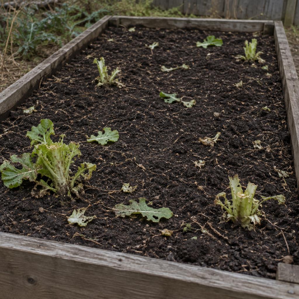 An empty raised garden bed with chewed lettuce stems and bare dark soil, a few ragged leaf fragments left behind in a low wooden frame.
