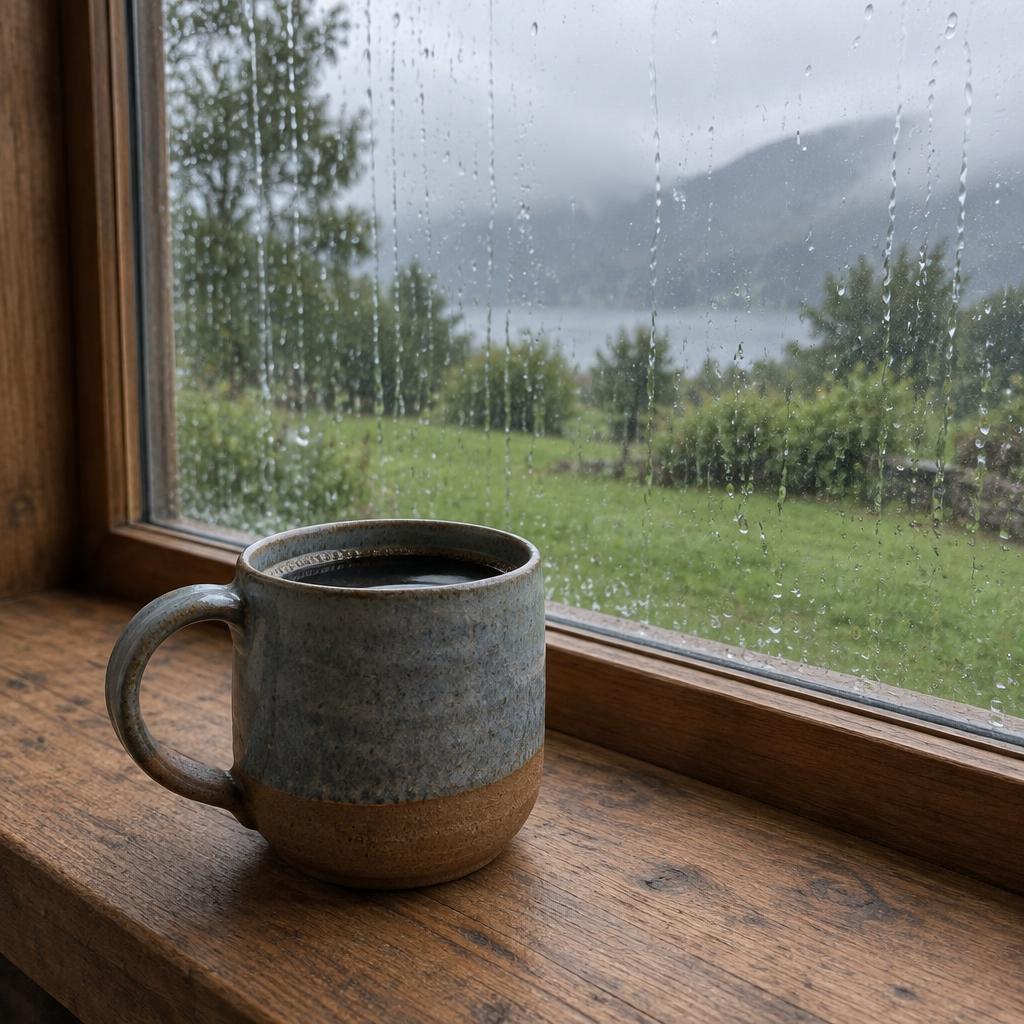 A plain stoneware mug of black coffee on a wide wooden windowsill, with a rain-streaked window looking out to a blurred green yard and foggy hills.