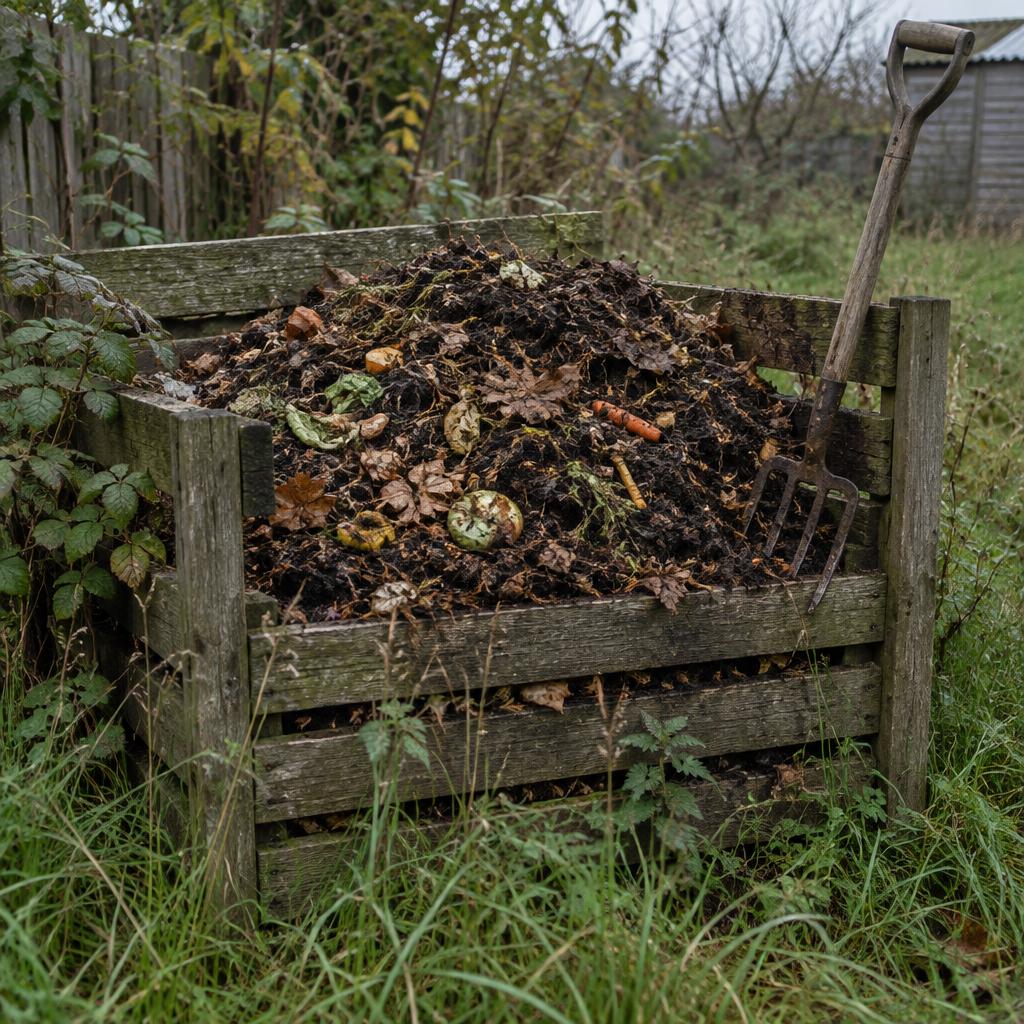 A rough compost heap in a slatted wooden bin at the back of a yard, dark crumbling material with vegetable scraps and dry leaves, a pitchfork stuck in the side.