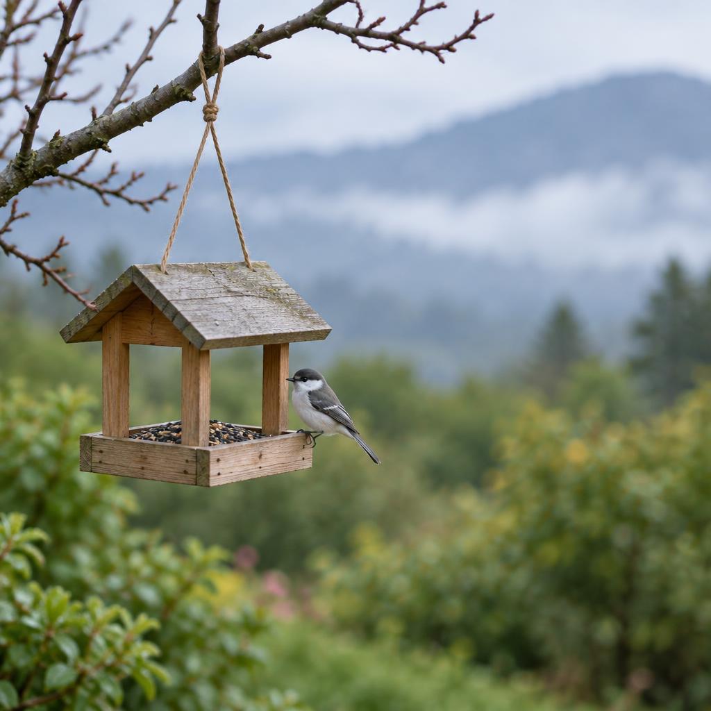 A small wooden bird feeder hanging from a bare branch with a tiny gray and white songbird perched on the rim, a blurred misty ridge behind.