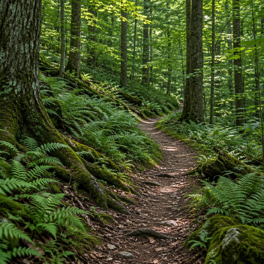 A narrow dirt footpath curving through an Appalachian hardwood forest, ferns and moss-covered roots crowding both sides, dappled light through the canopy.