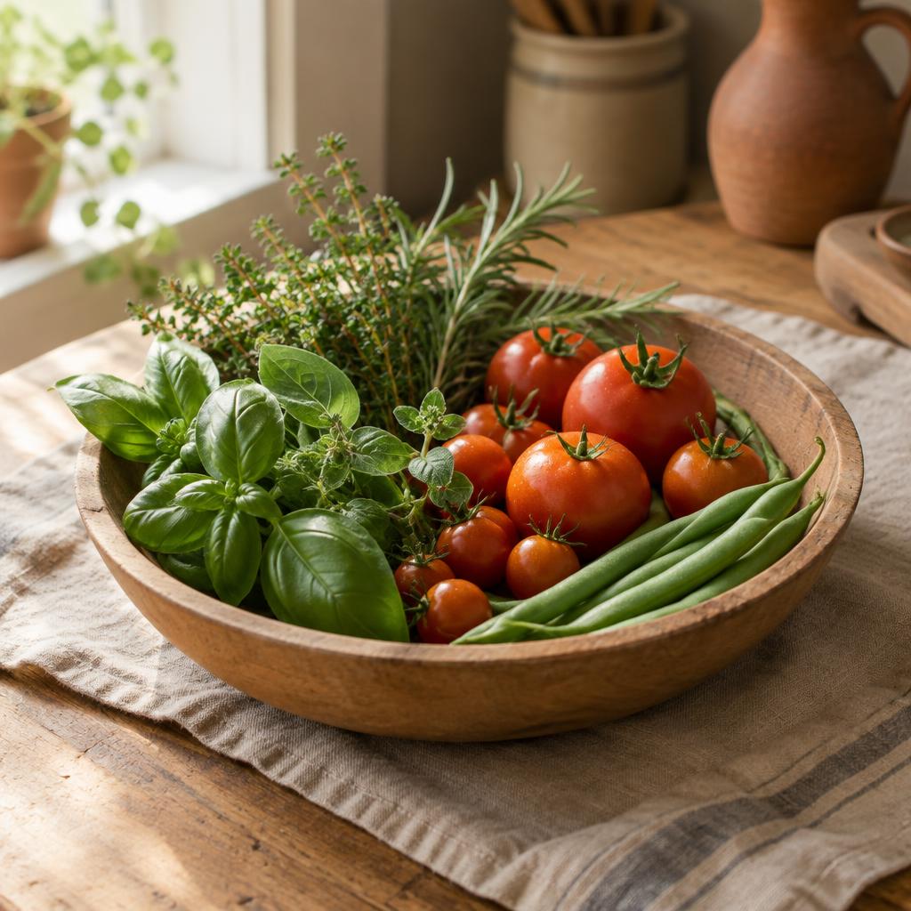A small harvest of herbs, tomatoes and a few green beans arranged loosely in a shallow wooden bowl on a kitchen table over a worn linen cloth.