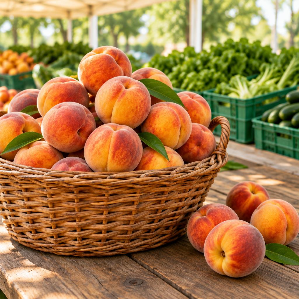 A woven basket heaped with ripe peaches on a wooden farmers market table, a few loose peaches rolled to the side and blurred green produce crates behind.