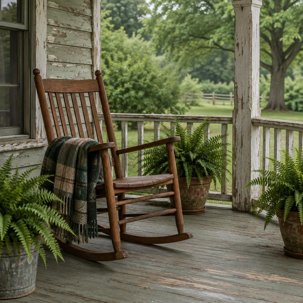 A simple wooden rocking chair on an old covered porch with peeling paint, a folded wool blanket over the arm and potted ferns on the floorboards.
