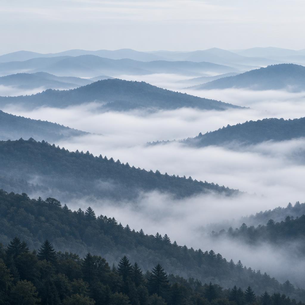 Layered Appalachian mountain ridges receding into thick low fog, valleys filled with white mist and forest silhouettes fading toward a pale sky.
