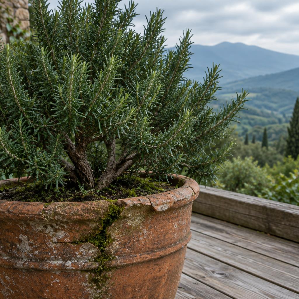A large weathered terracotta pot holding a thick woody rosemary shrub on a wooden deck, with a chipped rim and moss in the cracks.