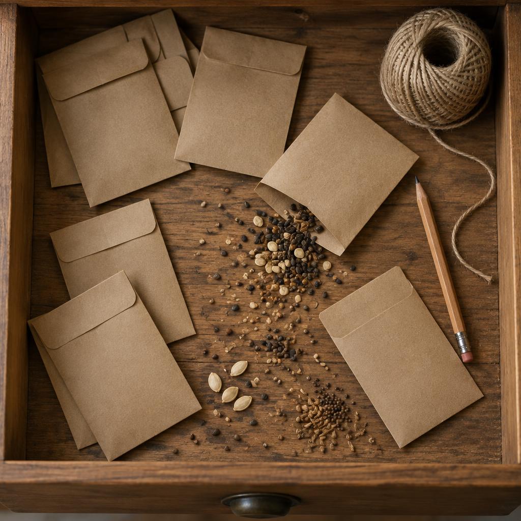 Plain unlabeled brown paper seed envelopes scattered in an open wooden drawer alongside a pencil and a ball of garden twine, with dry seeds spilled on the wood.