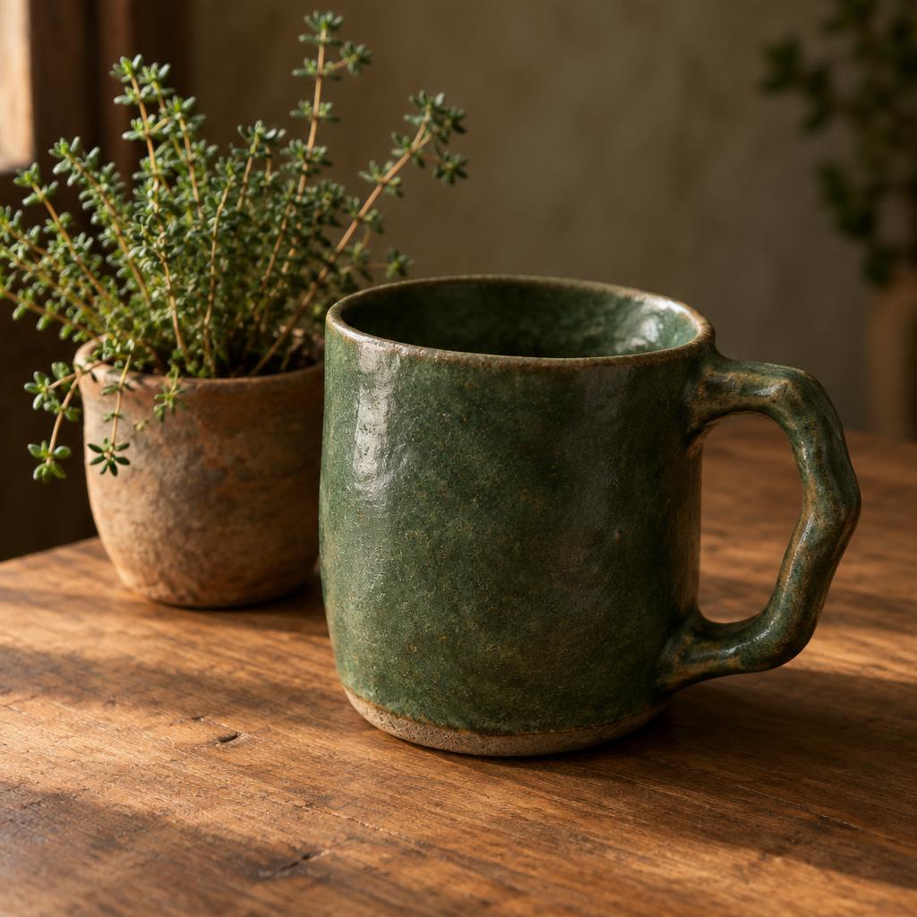 A slightly lopsided handmade stoneware mug with a matte green glaze and an uneven handle, on a wooden table beside a small clay pot of thyme.