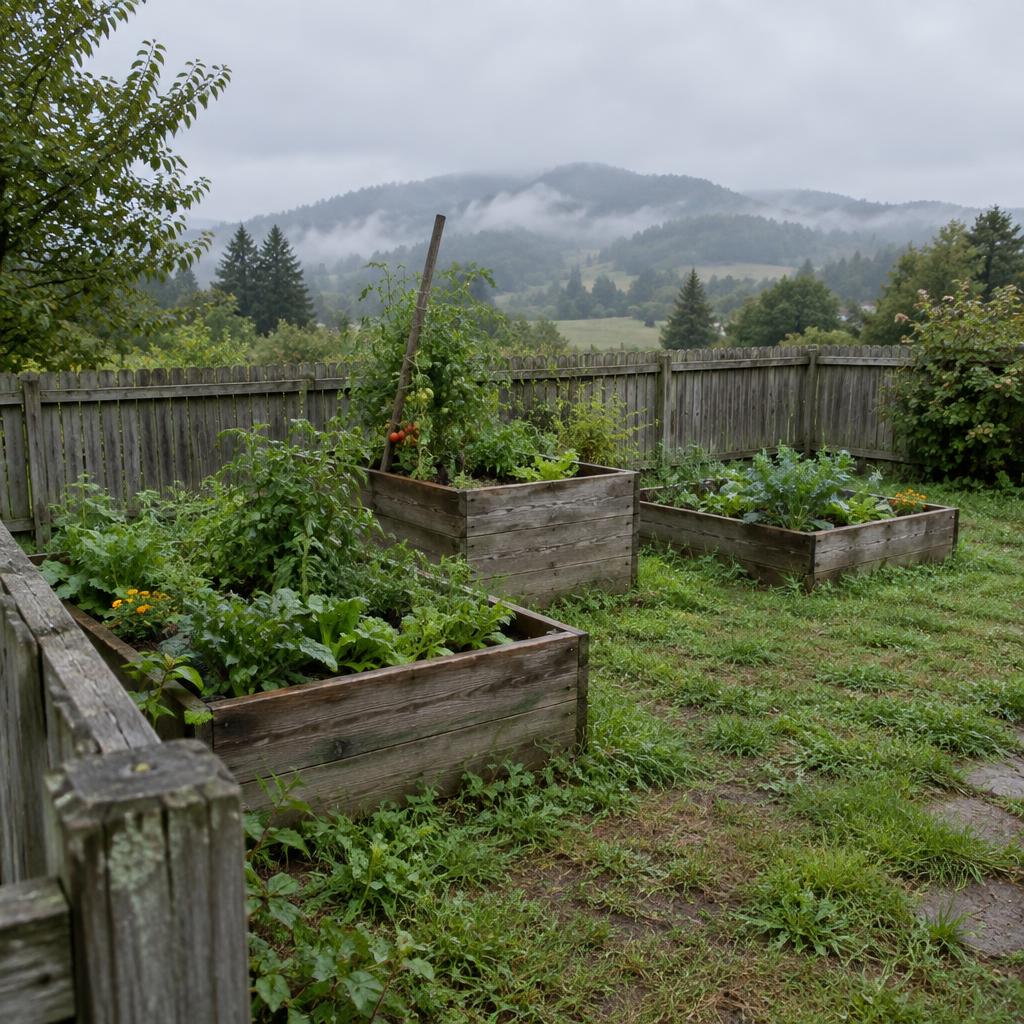 A small backyard garden seen from the corner of the fence: three raised beds of uneven height, a leaning tomato stake, patchy grass and misty hills in the distance.