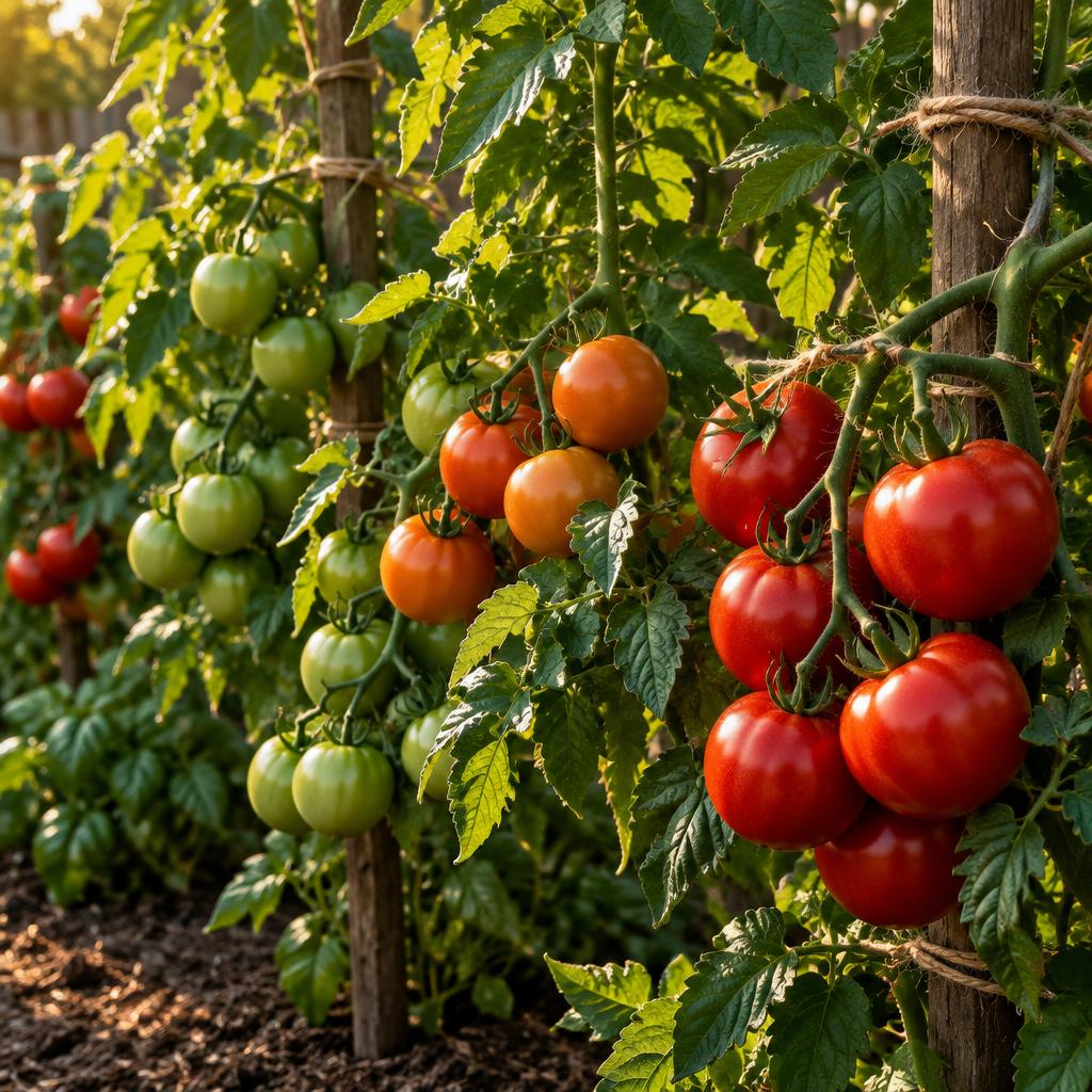 Tomatoes ripening on the vine at different stages, green to orange to deep red, staked with twine in a backyard bed.